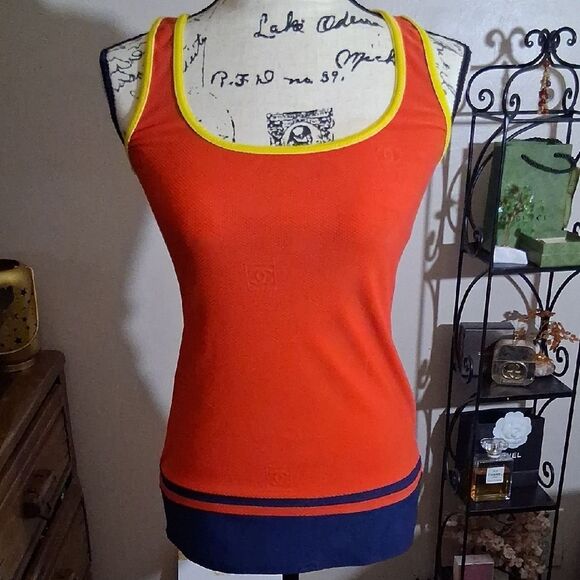 CHANEL Orange Tank Top with Navy and Yellow Accents Size 36 EURO - Picture 1 of 16